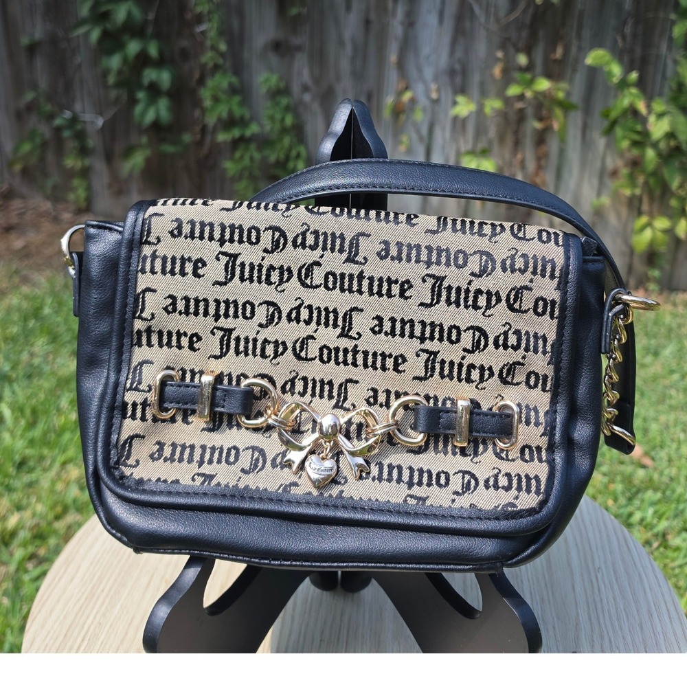 Juicy Couture Black Tan Gothic Logo Shoulder Bag Gold Chain Heart Charm